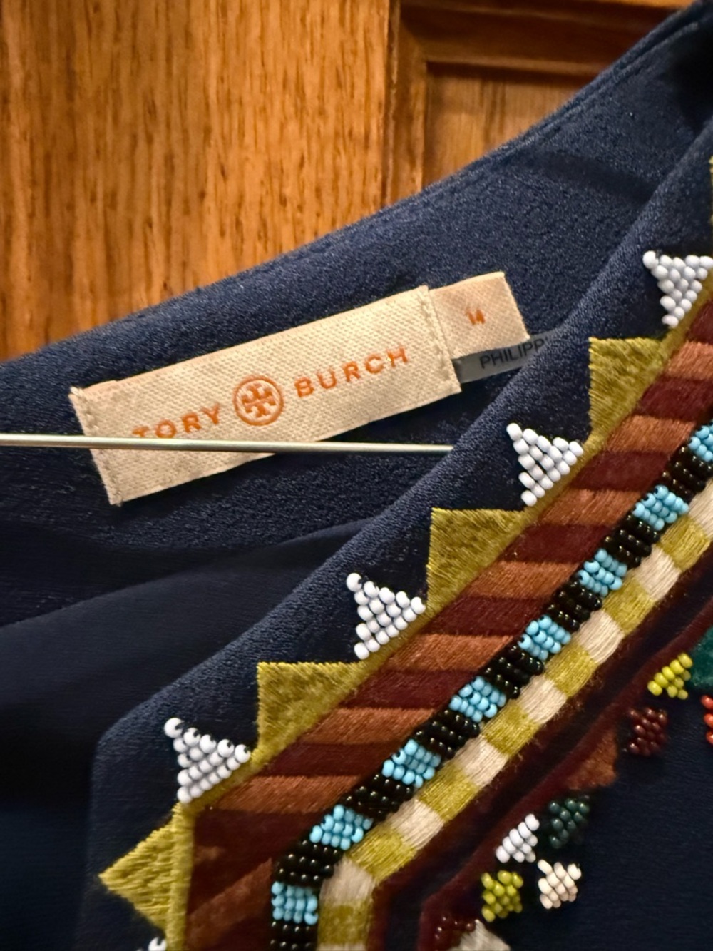 Tory Burch Sophia Embroidered and Beaded Dress Royal Navy SZ 14 - Picture 5 of 5